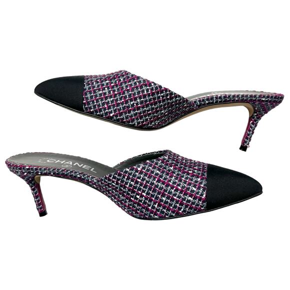 CHANEL Tweed Grosgrain CC Mules EU 38 US 7.5-8 Black Purple Pointed Toe Heels - Picture 6 of 15